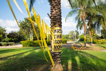 “Bring them home now” Installation of yellow ribbons in park, tied between trees as a symbol...