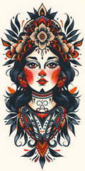 Tribal Chicano girls Tattoo symmetry very simple traditional tattoo flash styles illustration