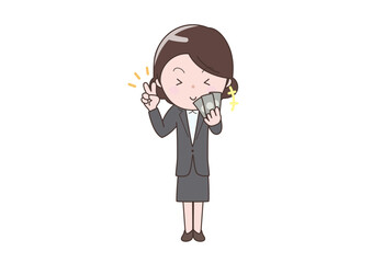 札束をもって喜ぶビジネスウーマン