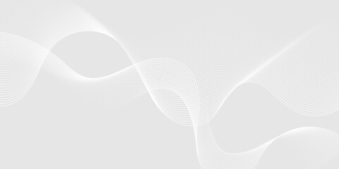 Abstract white wave dynamic curve lines on gray background with flowing particles. Digital energy waves technology concept. Modern backdrop design for business, presentation, banner.