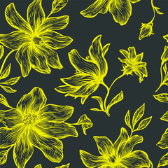 Seamless floral vector laconic black and yellow handmade ink drawing for fabric design, decor, ceramics, greeting cards, flowers, texture print for backgrounds