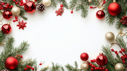 Christmas Festive Ornament Frame with Pine Branches and Red Berries