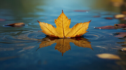 autumn leaves reflected in water, autumn leaves on water, Dry autumn leaf on water. Ai generative