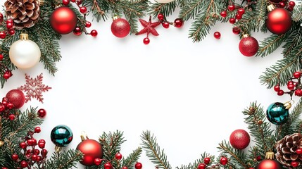 Christmas Ornament Border with Pine Branches and Red Berries