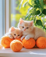 Two adorable kittens play with vibrant orange yarn balls in a cozy, sunny setting, perfect for capturing warmth and joy.
