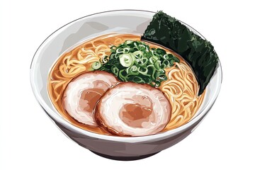 Rich and Creamy Tonkotsu Ramen with a Pork Bone Broth, Melty Chashu, and Nori isolated on a white background