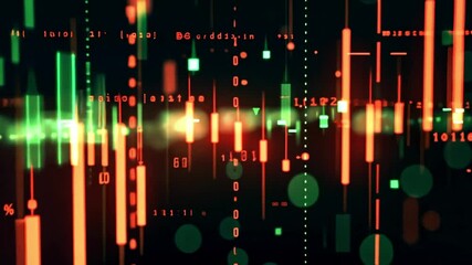 Modern red, green, orange, and blue business line graphs on black binary code illustration background. - Powered by Adobe