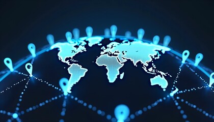 Futuristic Digital Global Network - Glowing Location Pins Connected by Blue Energy Lines on 3D Planet