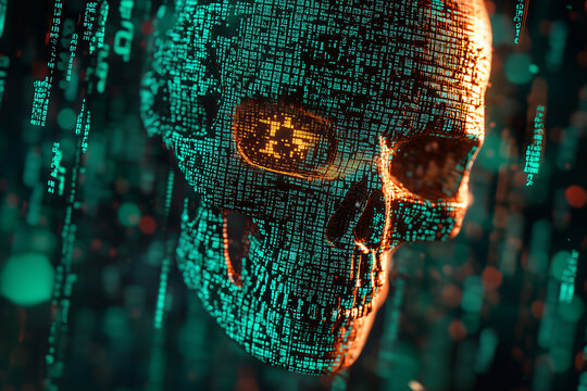 Digital Skull Representing Cybersecurity Threat - Visualizing the Dangers of Hacking and Data Breaches. Ominous AI and Cybersecurity Concept. Art Illustration