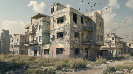 An abandoned, decrepit building with broken windows and graffiti amidst an overgrown urban environment, with birds flying in a cloudy sky.