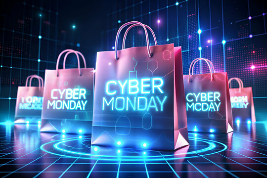 A group of Cyber Monday shopping bags are lit up in neon colors. The bags are arranged in a circle, with each bag having a different color. The bags are all labeled with the words "Cyber Monday"