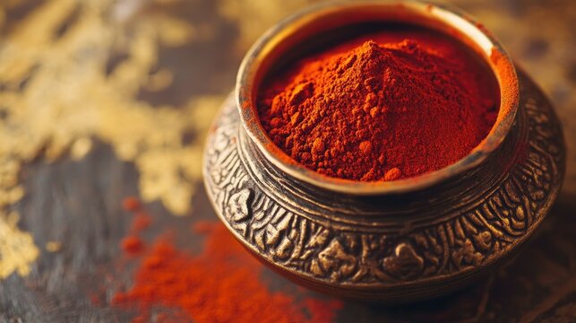 A close-up of traditional Hindu sindoor (vermilion) in a container, with copy space.