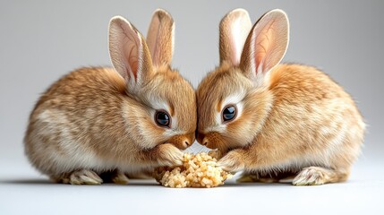 Naklejka premium Two adorable rabbits eating together, showcasing their playful nature and soft fur in a charming, light-filled setting.