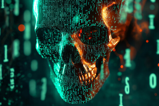 Digital Skull Representing Cybersecurity Threat - Visualizing the Dangers of Hacking and Data Breaches. Ominous AI and Cybersecurity Concept. Art Illustration