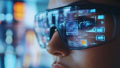 Businessperson Using AR Glasses with Digital Overlays Showing Analytics in a High-Tech Office
