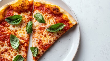 Top view of a single artisan pizza slice on a white ceramic plate. Features a crisp, golden crust with tomato sauce, melted mozzarella, and fresh basil. Light neutral background.