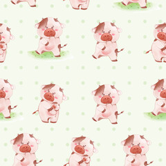 Obraz premium Seamless pattern of adorable watercolor piglets on a polka dot background, perfect for children’s textiles and decor.