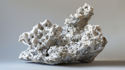 Close-up of a porous, naturally formed white and gray rock with textured holes, sitting against a neutral background.
