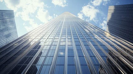 A towering and majestic skyscraper reaching towards the sky, symbolizing modern architecture and urban development. Ideal for themes related to cityscapes, architectural design, and urbanization