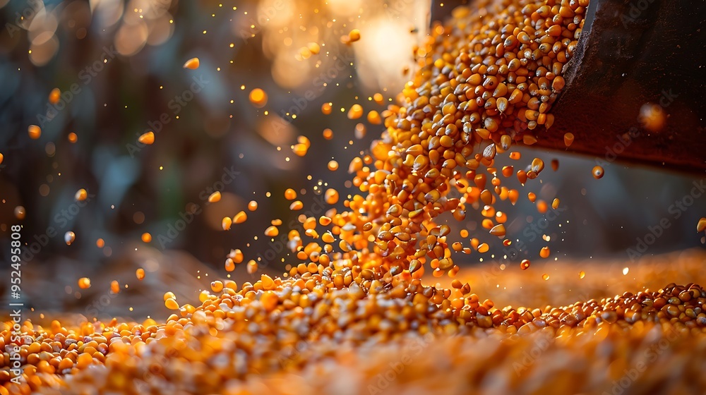 Poster golden corn kernels pouring from a pipe against a blurred background, creating a cascading effect.