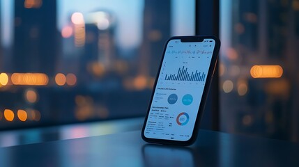 Smartphone Displaying Business Analytics App with Real-Time Data Updates Against a Cityscape Background
