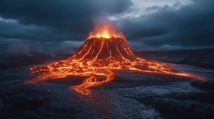 A dramatic and intense landscape emerges as a powerful volcanic eruption sends molten lava streams cascading under a dark, stormy dusk sky.