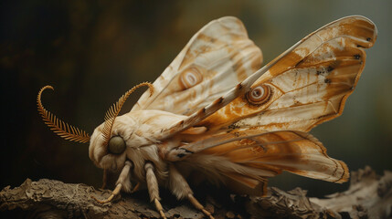 Fototapeta premium Close-up of a beautifully patterned moth with beige and brown wings resting on a textured log.