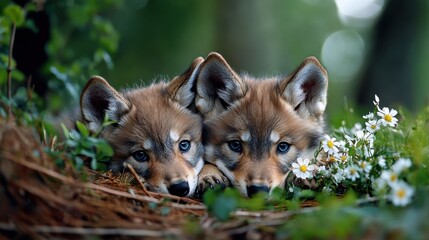 Two adorable wolf pups relaxing among flowers in a serene forest setting, showcasing their playful and curious nature.