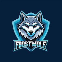 Wolf mascot logo icon vector design with text frost wolf badge style isolated © Saim Art