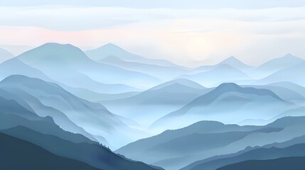 Serenity of a misty mountain sunrise with soft colors and tranquil atmosphere