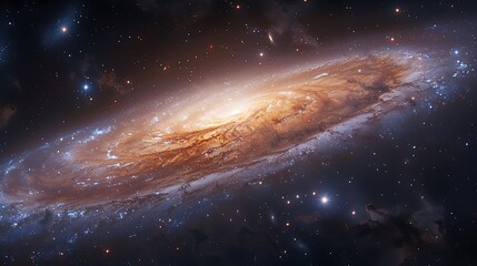 Fototapeta premium A swirling spiral galaxy with bright stars and dust lanes in a dark space.