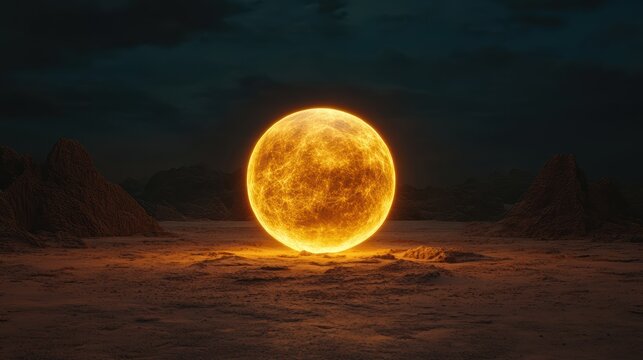 In a desolate desert at twilight, a luminous golden sphere reflects the moody, cloud-filled sky, creating a striking contrast.