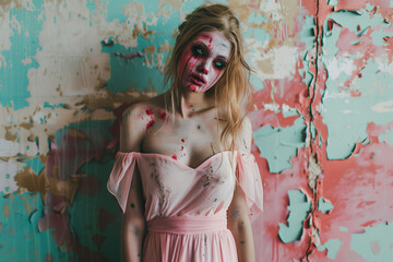 Corpse Bridesmaid Costume with Torn Pink Dress and Zombie Makeup for Scary Halloween Wedding Celebrations