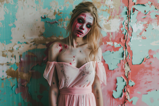 Corpse Bridesmaid Costume with Torn Pink Dress and Zombie Makeup for Scary Halloween Wedding Celebrations