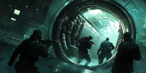 Soldiers with guns enter futuristic space station.