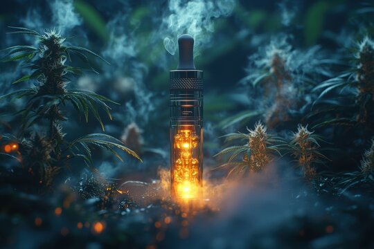 Cannabis Vape Pen with Vapor and Green Background