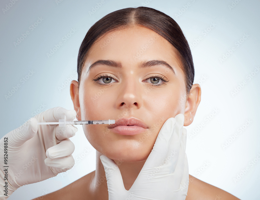 Canvas Prints woman, hands and injection for lip fillers in studio on white background on portrait and confident. 