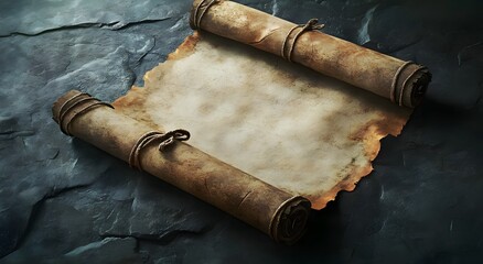 A realistic old blank antique paper scroll with visible frayed edges with enough copy space for text. The scroll has no text, set against an old background of stone or wood, of history best feeling.