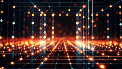 Fototapeta premium An abstract 3D grid with luminous lines and glowing nodes, creating a sense of depth and motion.