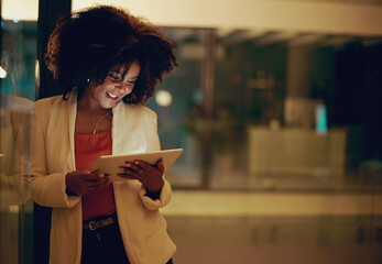 African woman, tablet and happy for research, email and management report in office with kpi....