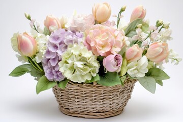 Obraz premium A beautiful arrangement of pastel flowers in a woven basket, perfect for decoration.