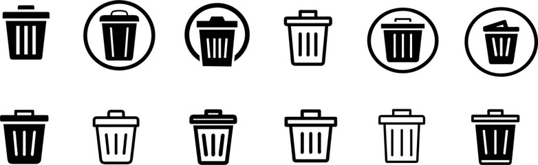 A versatile set of delete and trash bin icons designed for user interface and digital applications. This collection features various styles, including classic trash bins, wastebaskets with open and cl