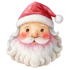 Watercolor illustration of Santa Claus with a fluffy white beard and a whimsical expression. This charming holiday character adds joy to Christmas decor. Isolated on transparent background, png.