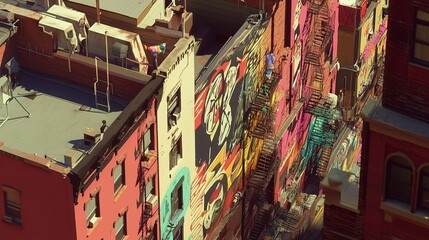 Colorful street art and vibrant murals brighten up an urban alleyway in a bustling city