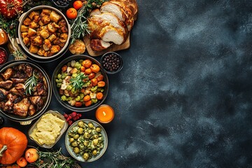 Thanksgiving feast spread on dark table, festive background