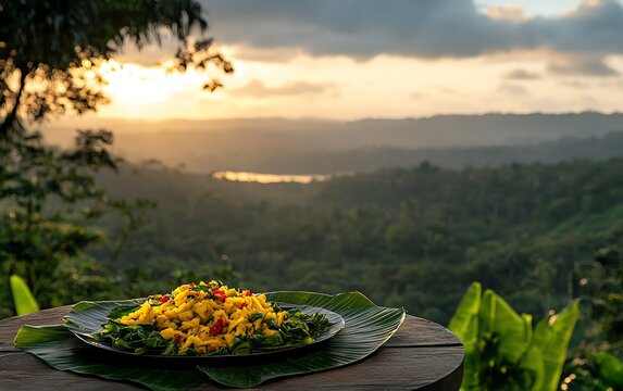 Organic Jamaican ackee and saltfish, served with callaloo on a banana leaf, with a view of a lush Caribbean coastline