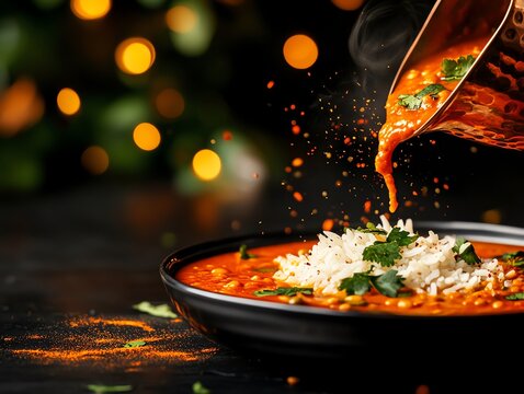 Organic Nepalese dal bhat, lentil soup served with organic rice and pickles, presented on a copper plate with a view of the Himalayas