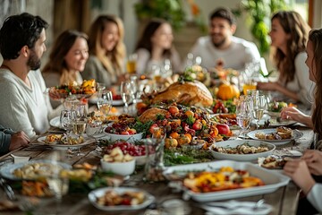Thanksgiving dinner on a farmhouse table, rustic decor, traditional turkey, vintage dishware, large extended family, autumn harvest theme Farmhouse Thanksgiving, Family reunion