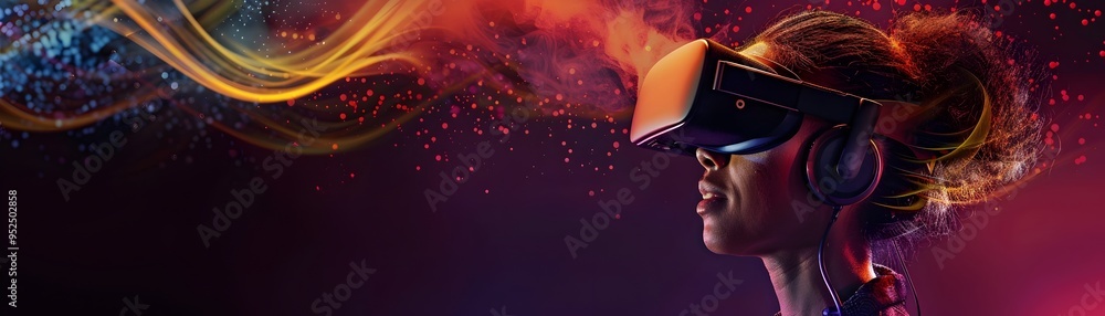 Poster captivating virtual reality interaction with digital voice assistant thrives in immersive visuals of