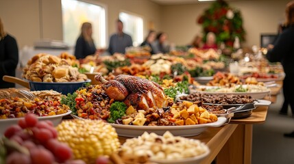 Thanksgiving in a smalltown community center, long tables filled with food, diverse families, turkey at the center, local traditions, communal celebration Community Thanksgiving, Smalltown